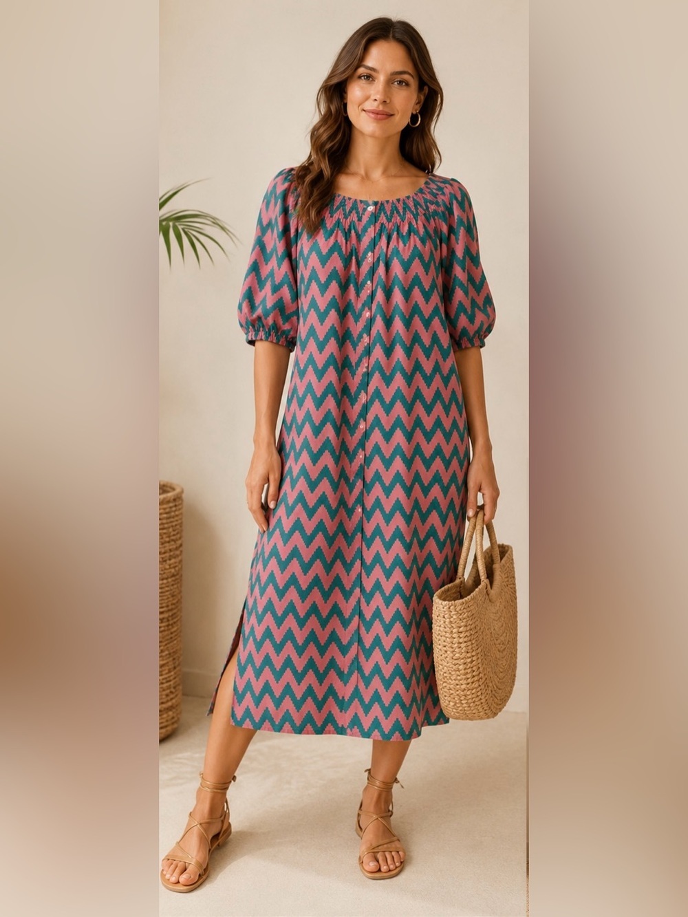 Sonmer Pink & Green Chevron Cotton Smocked Puff Sleeve Midi Dress Medium M